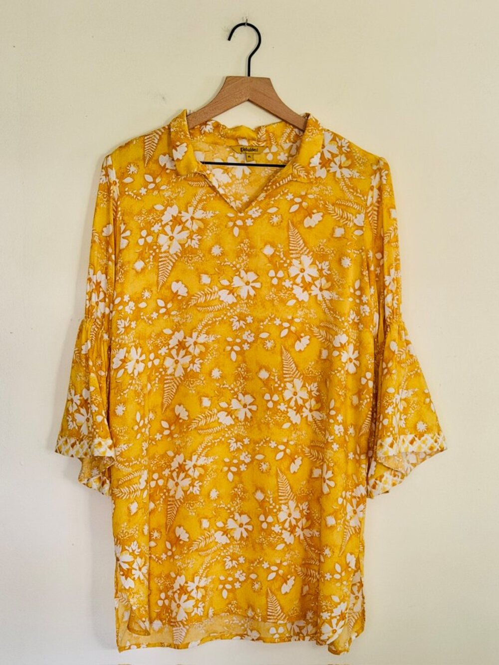 Global Desi Yellow White Floral Print Bell Sleeve Tunic Kurti Blouse, XL